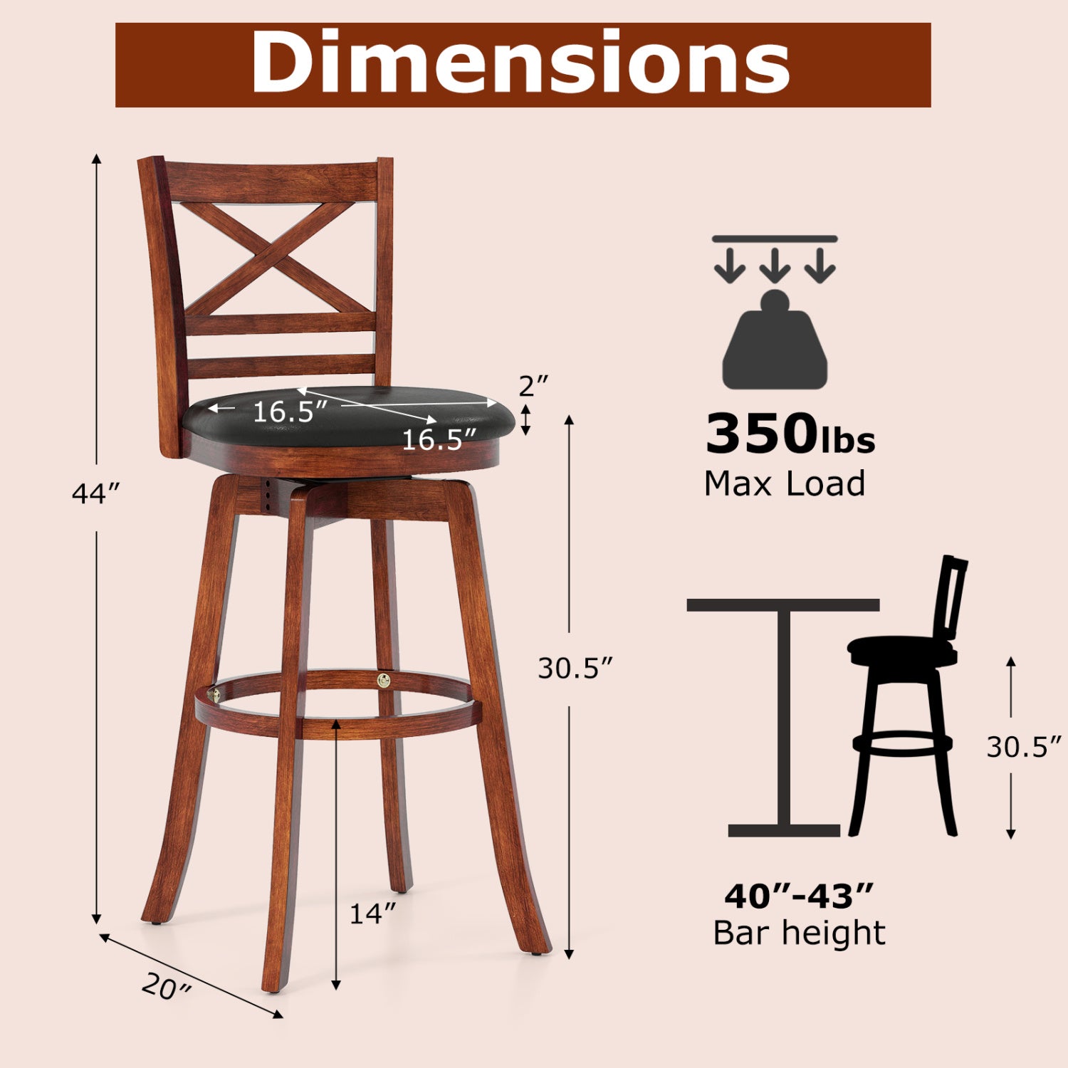 Swivel Barstools Set of 2 with Backrest and Footrest