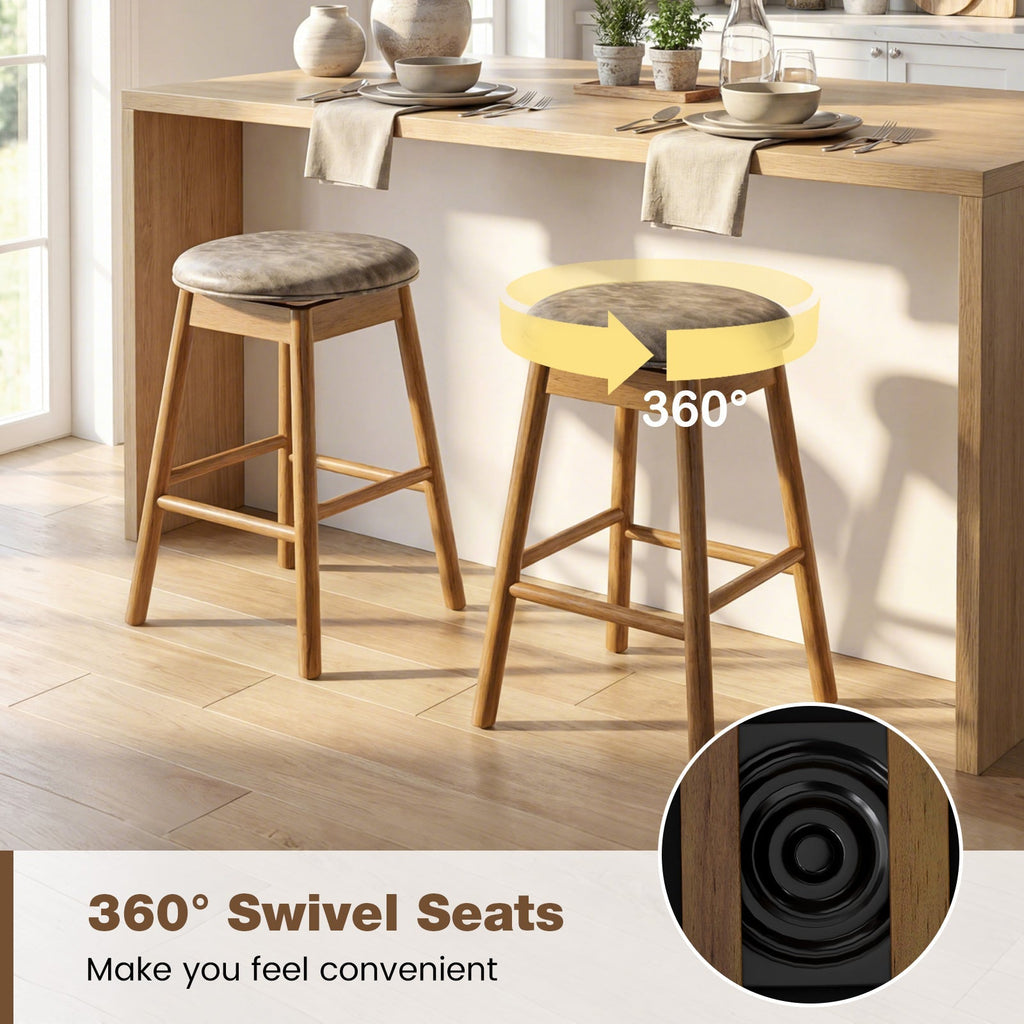 Swivel Counter Height Barstools with Solid Wood Legs and Footrests-Set of 2