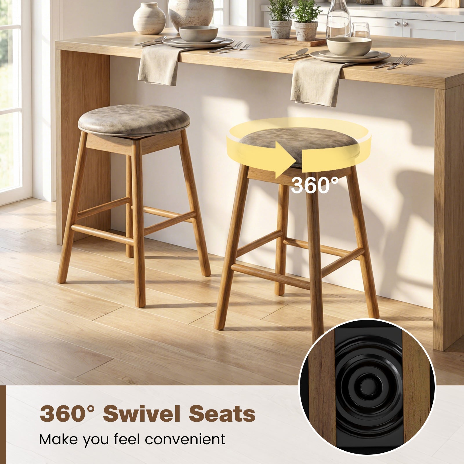 Swivel Counter Height Barstools with Solid Wood Legs and Footrests-Set of 2