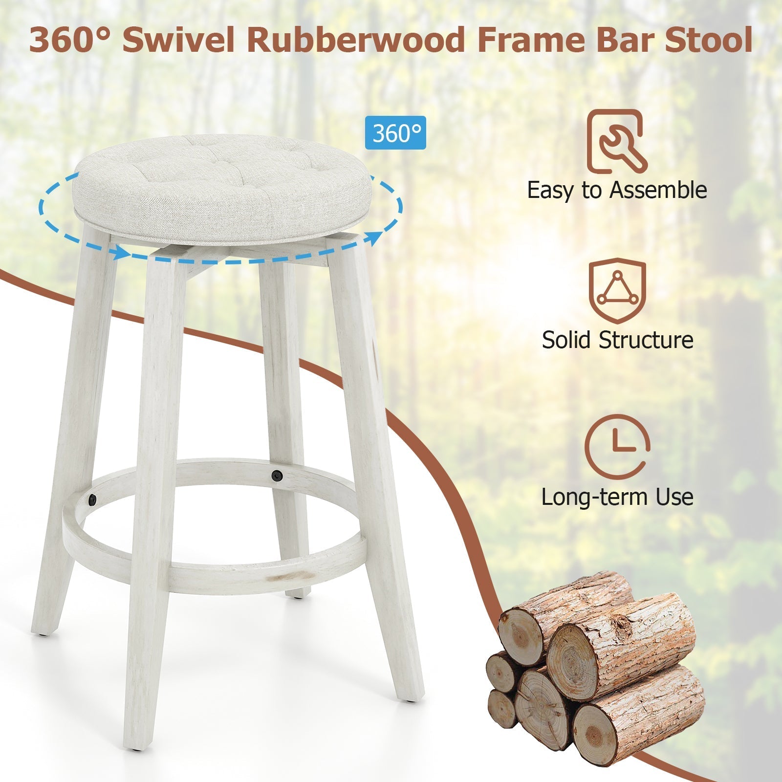 360-Degree Swivel Upholstered Rubberwood Frame Bar Stool Set of 2 with Footrest