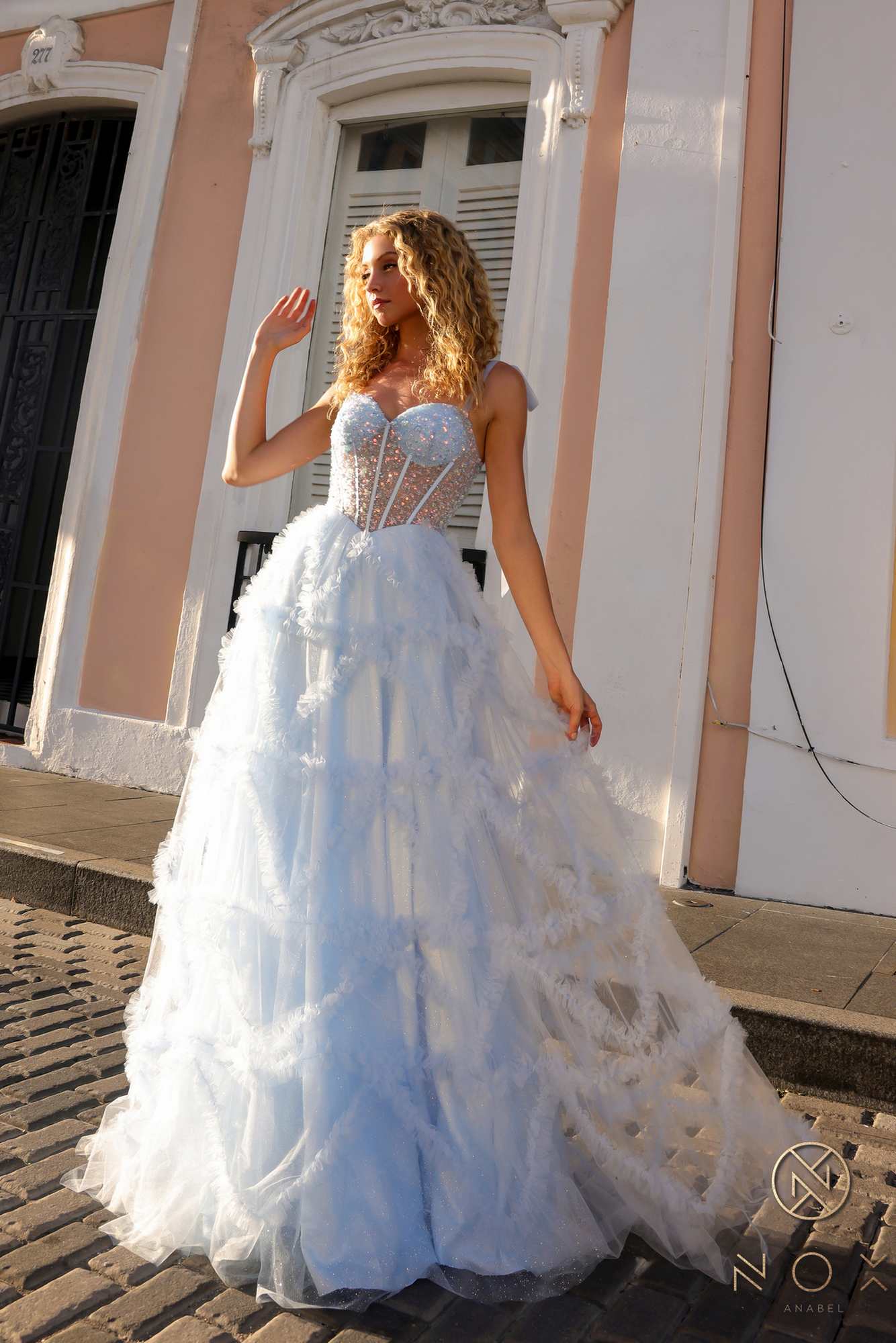 Nox Anabel T1340 Long Ruffled Skirt Boned Bustier Ribbon Strap A-Line Gown