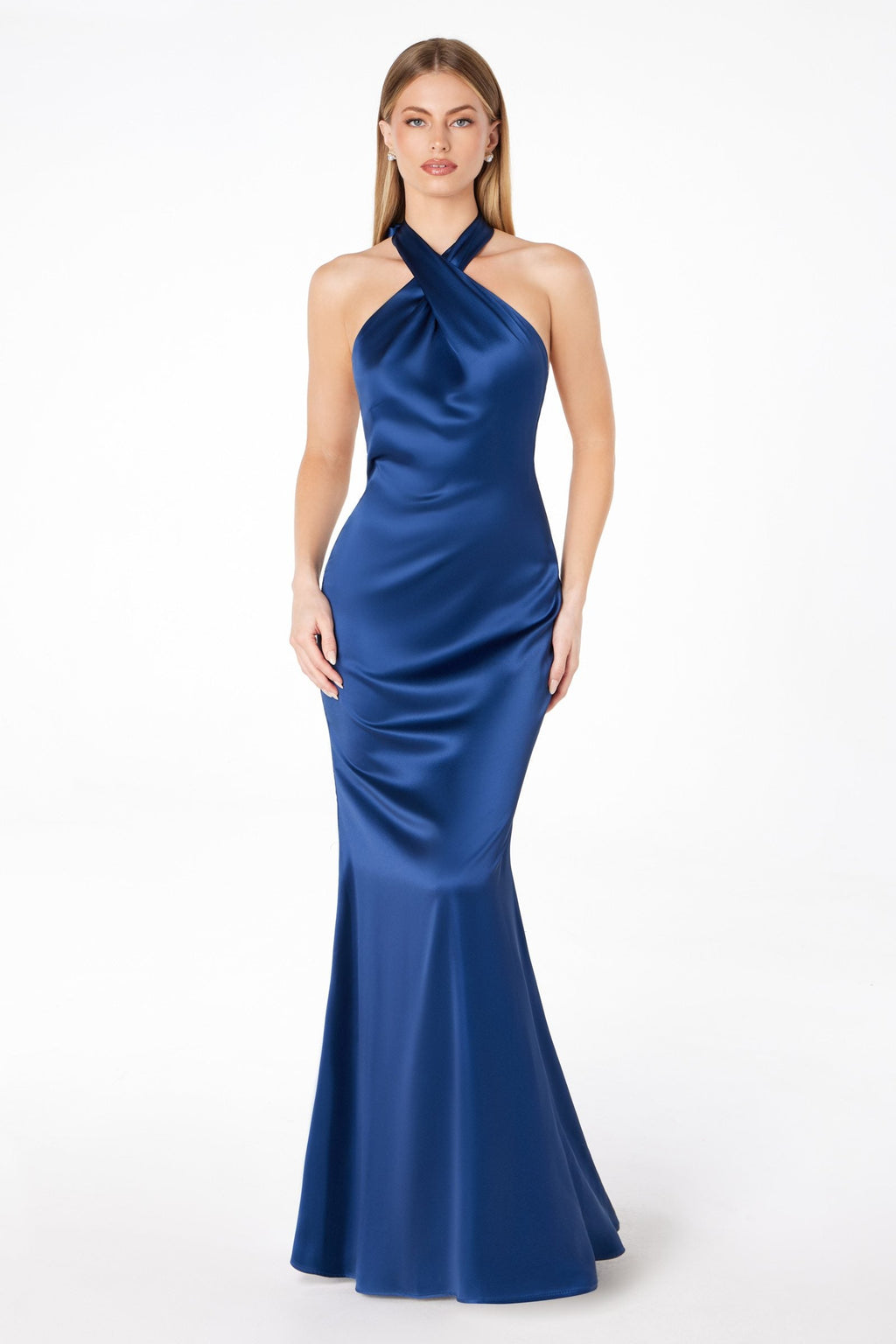 Astee T2005 Fitted Sleek Twisted Halter Top Satin Mermaid Gown
