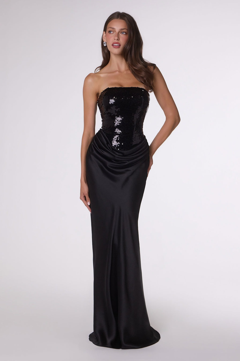 Amoris T744 Strapless Sequin Bodice Satin Skirt Formal Dress