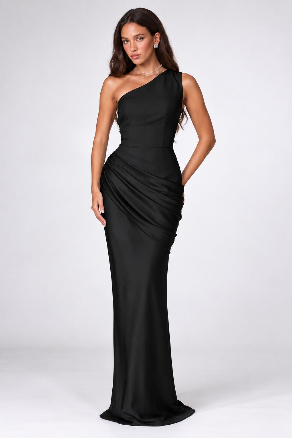 Amoris T748 Long One Shoulder Fitted Satin Dress