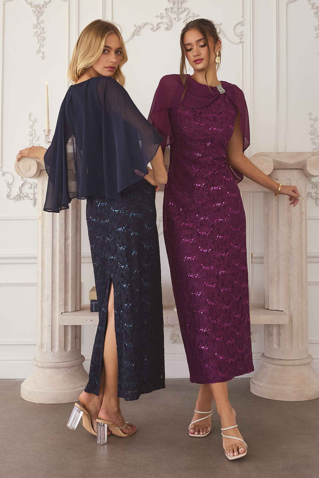 Amoris T906 Sequin Lace Gown Detachable Sheer Cape Overlay