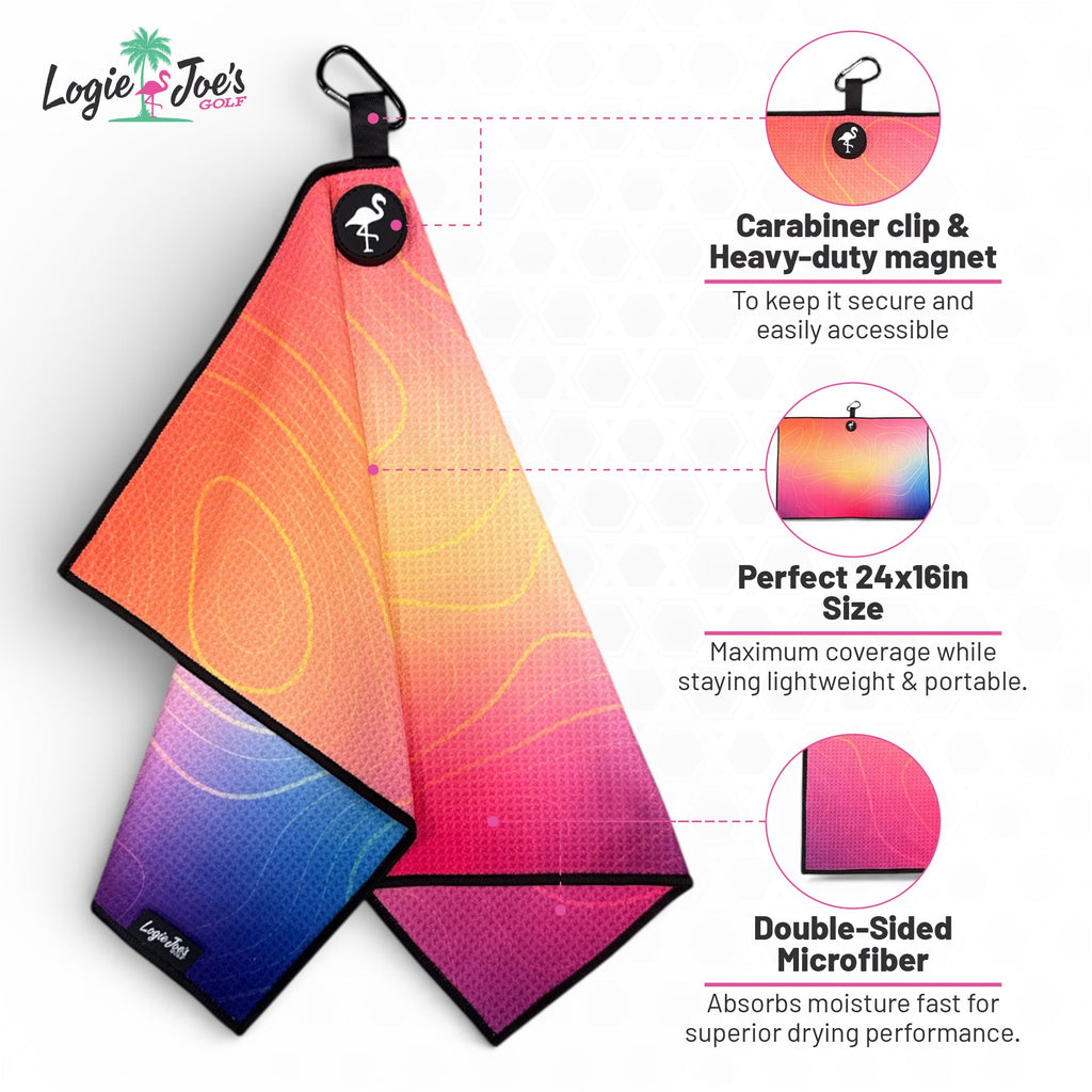 Coral Bloom Golf Towel | 24” x 16” Microfiber Towel | Magnetic Clip & Carabiner | Premium Golf Accessory