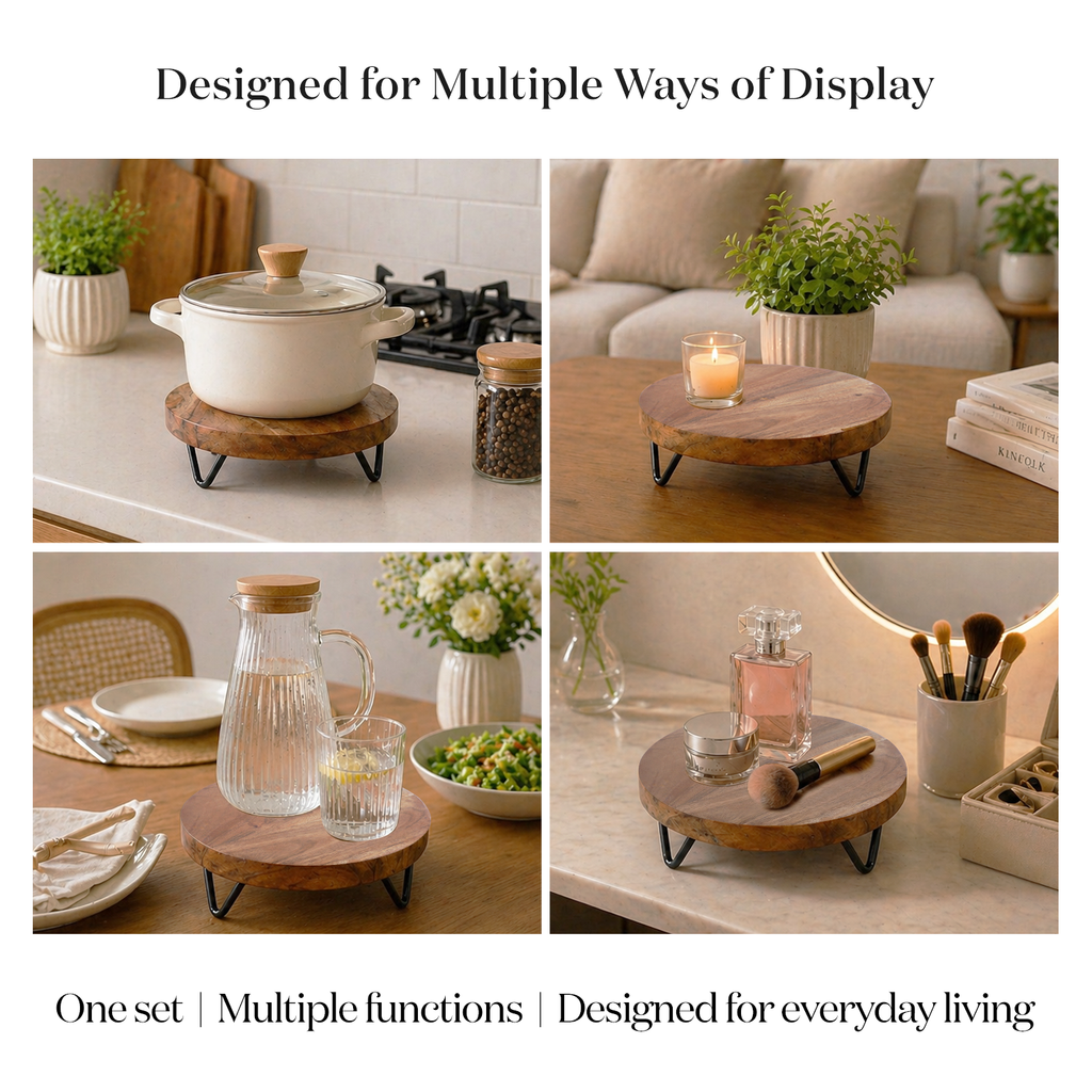Wood Riser Set of 2 Round Trivet Display Stand 6" 8" Decor