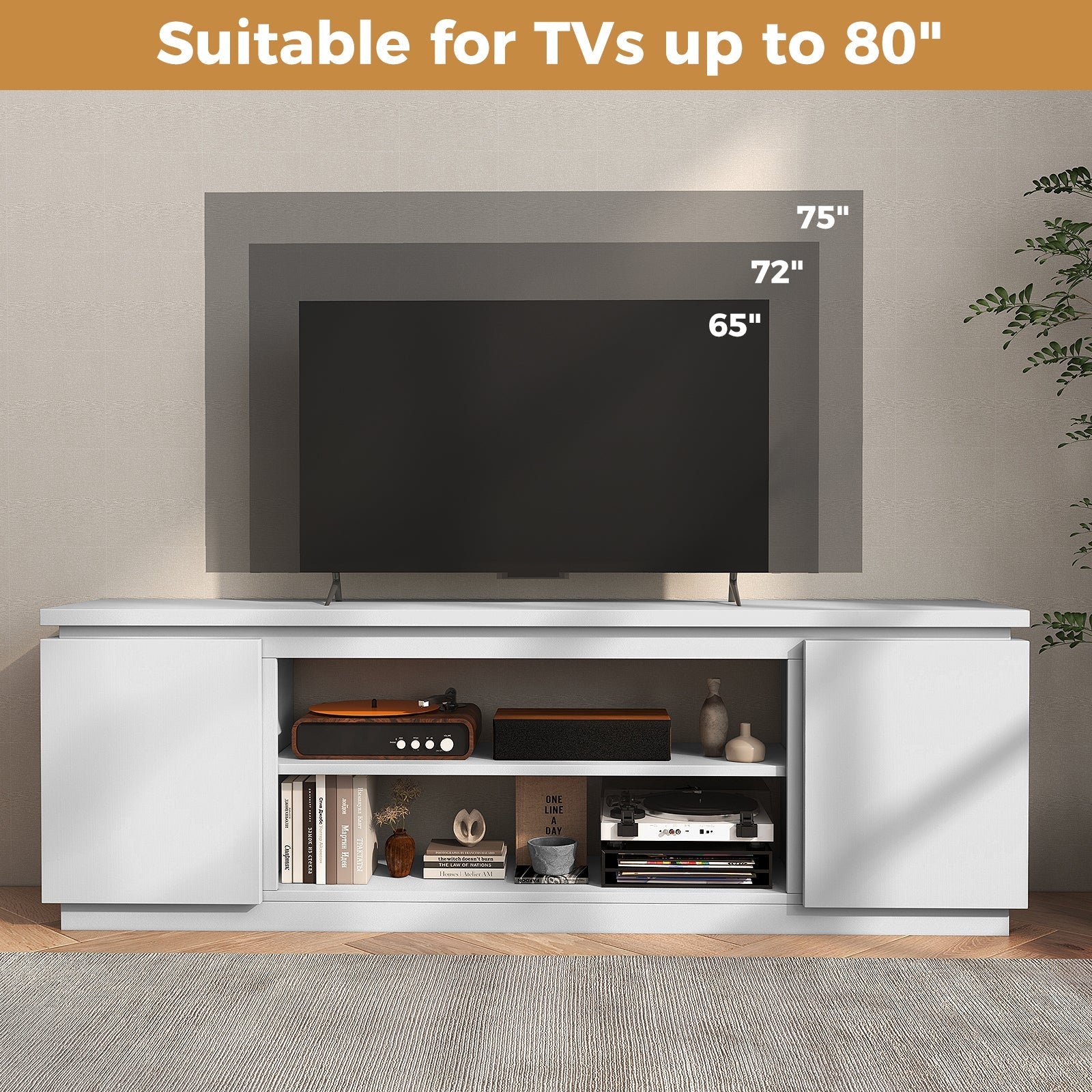 TV Cabinet with 3 Adjustable Shelves and Anti-Tipping Kits for TVs up to 80 Inch