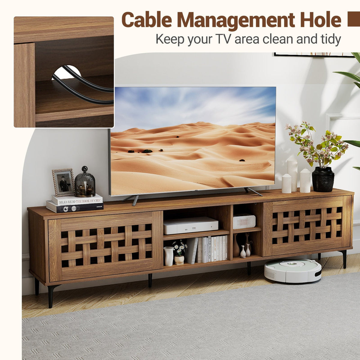 TV Stand for TVs up to 80" with 2 Doors and Storage Cabinets-Walnut