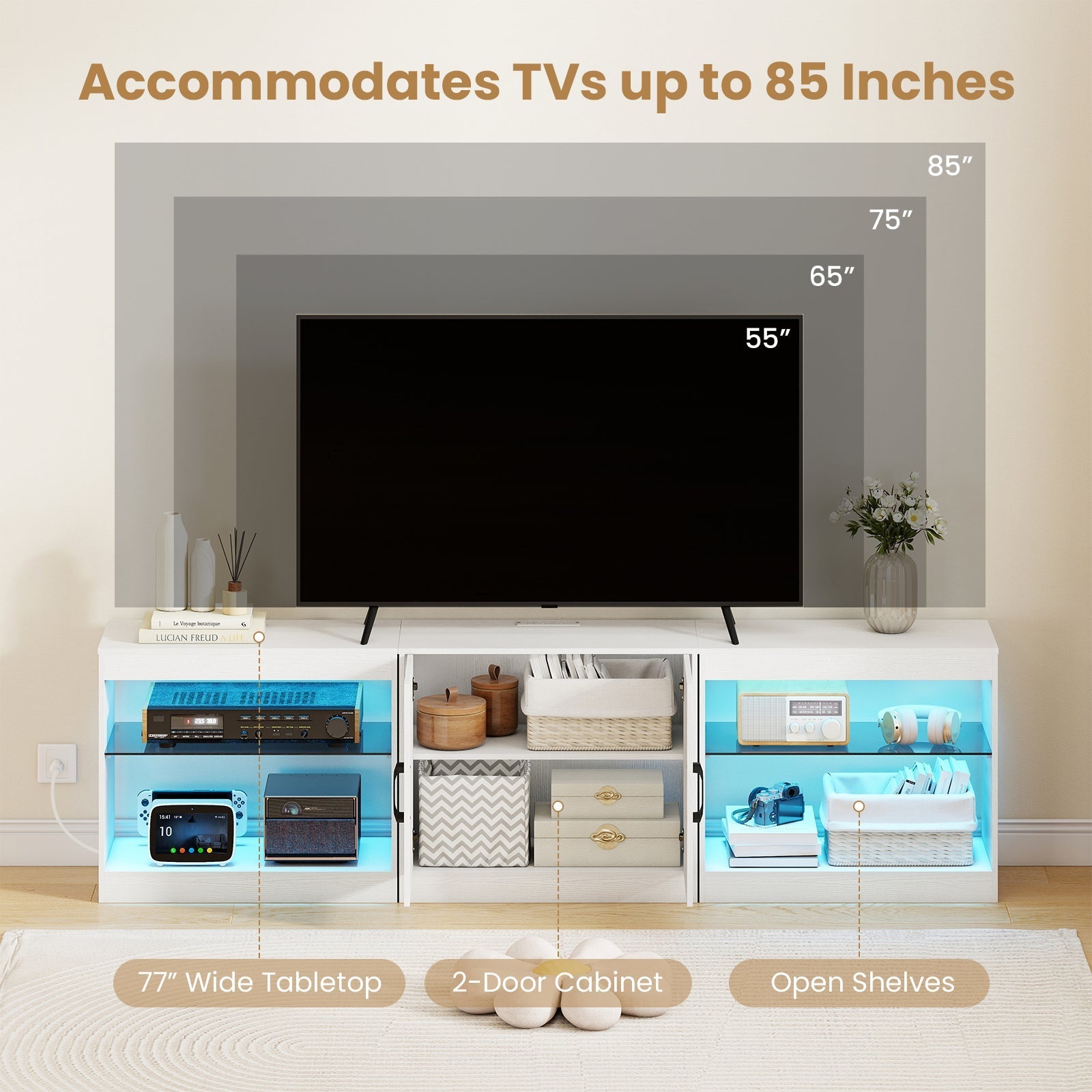 TV Stand for TVs up to 85 Inches LED Entertainment Center with Power Outlets