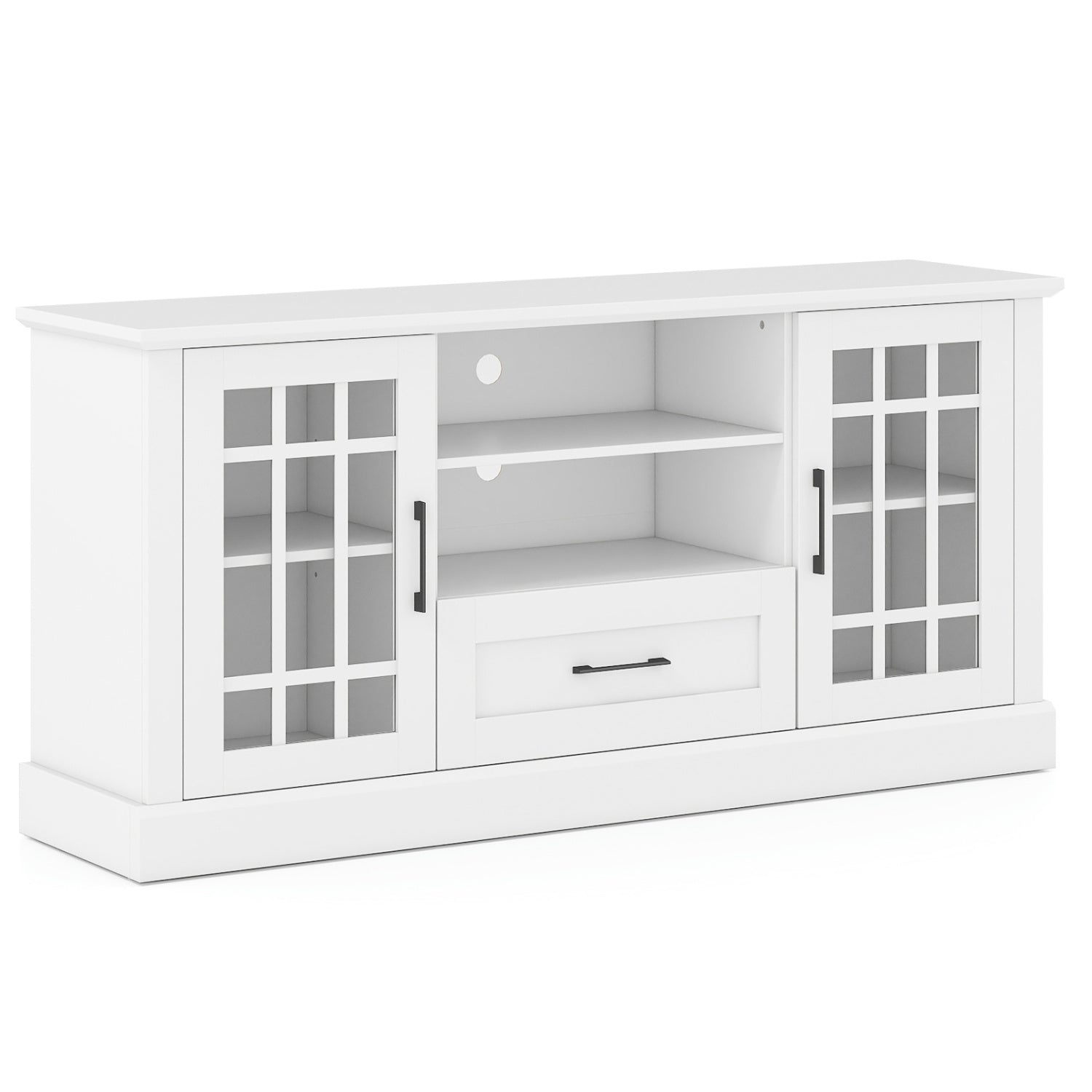 TV Stand for TVs up to 70 with Glass Doors Cubbies and Drawer