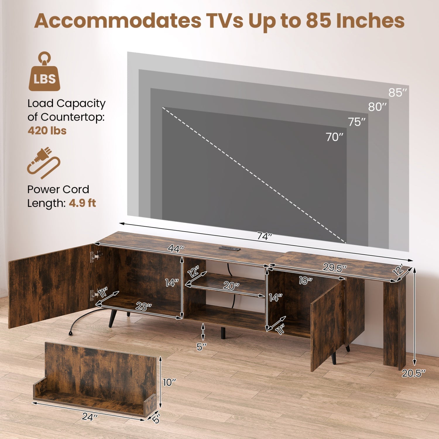 85-Inch TV Stand with Charging Station and Wall Shelves