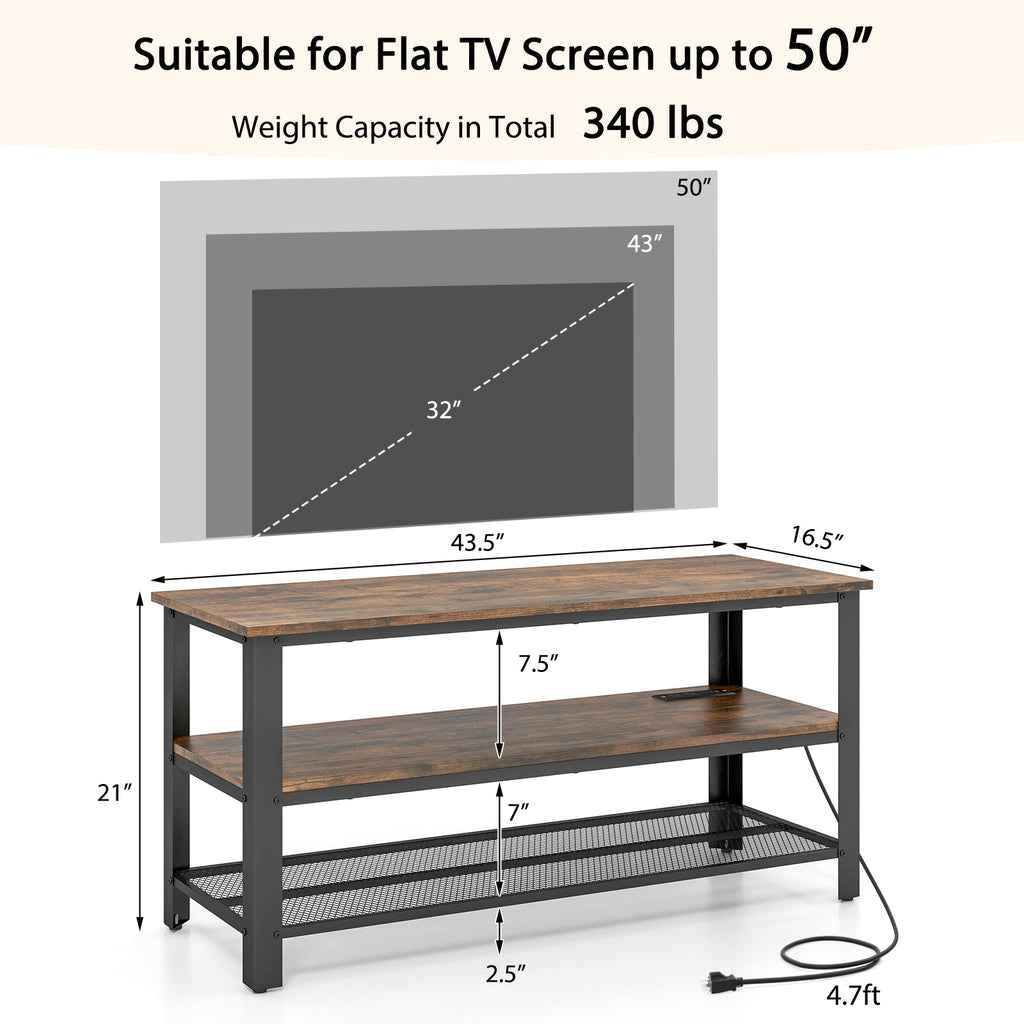 Industrial TV Stand up to 50 Inches with Power Outlets and USB Ports-Rustic Brown