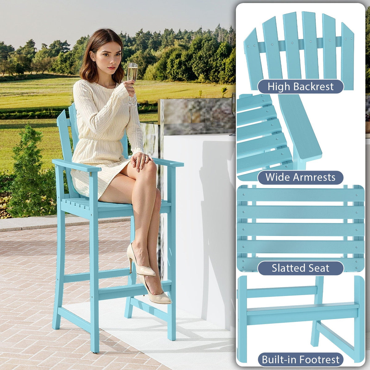 Tall Adirondack Chair with Armrests and Footrest for Deck