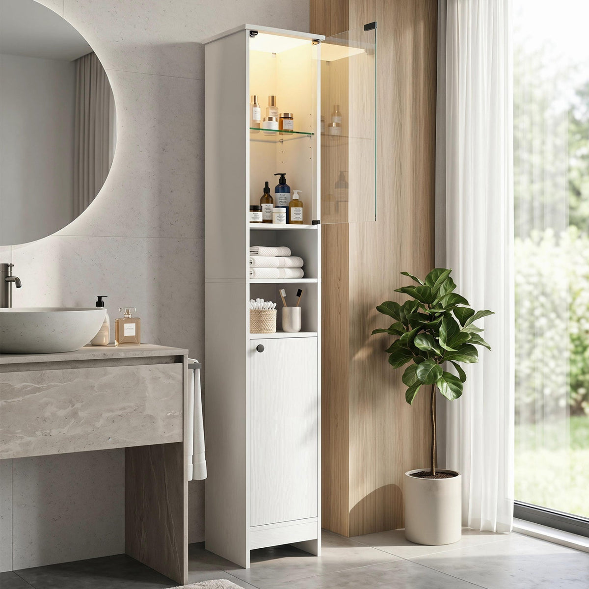 Tall Bathroom Storage Cabinet with LED Lights and Adjustable Shelves