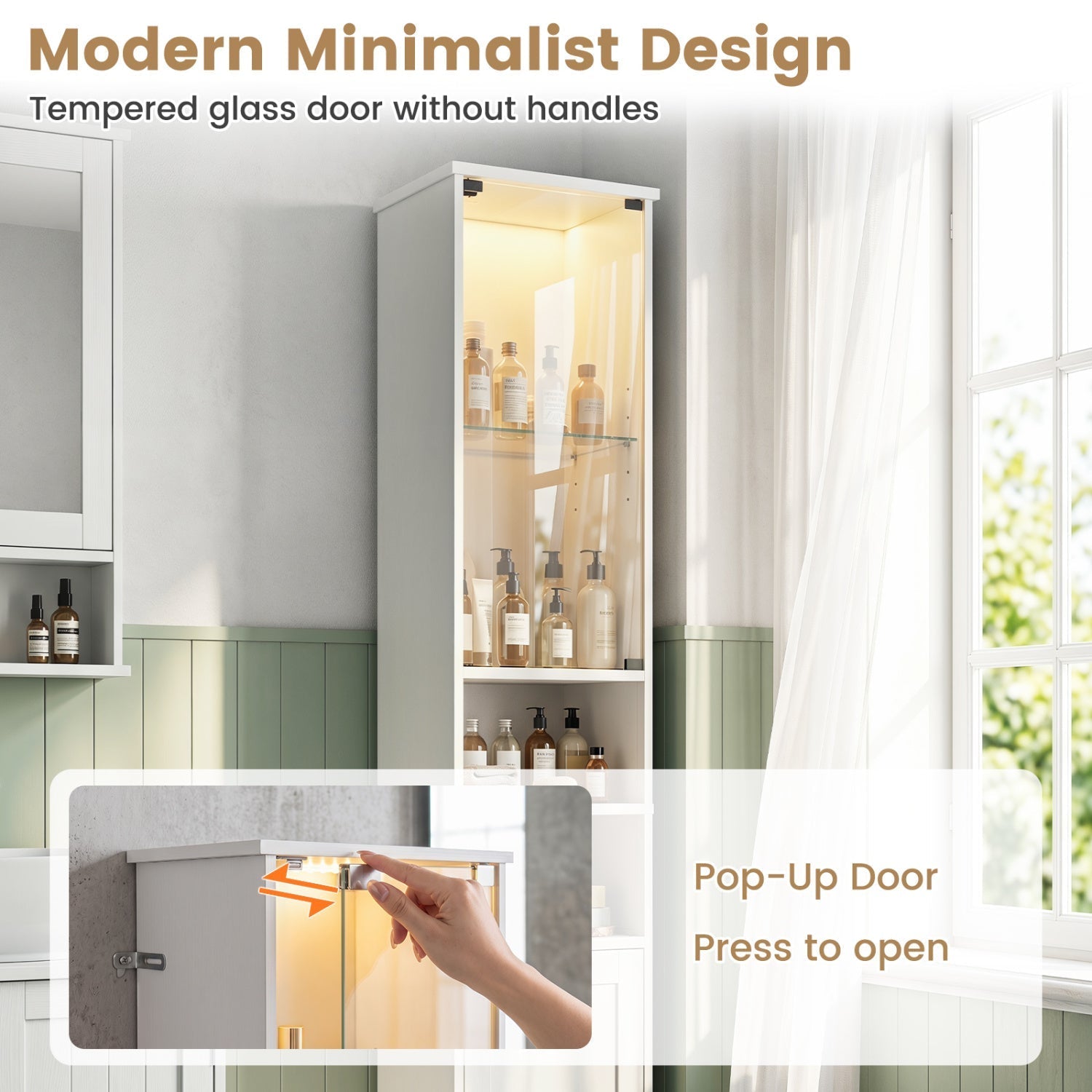 Tall Bathroom Storage Cabinet with LED Lights and Adjustable Shelves