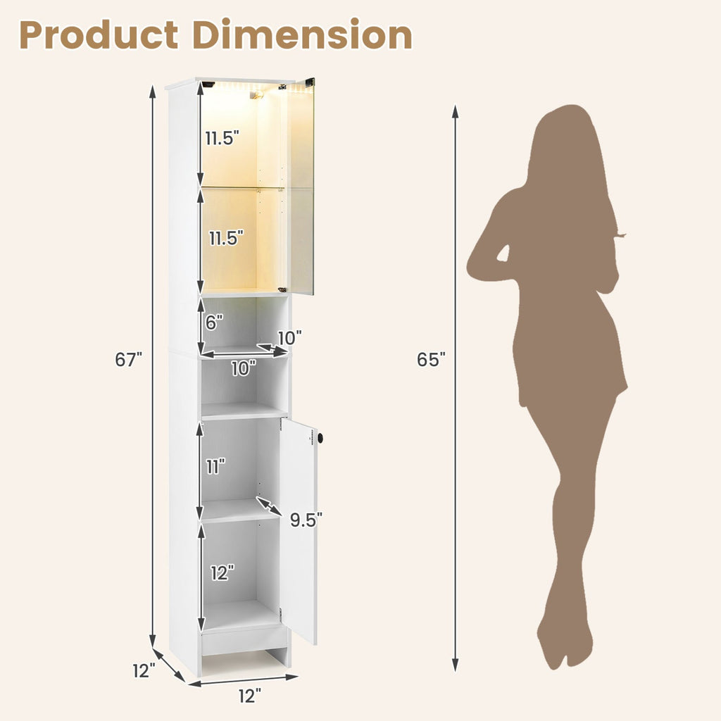 Tall Bathroom Storage Cabinet with LED Lights and Adjustable Shelves