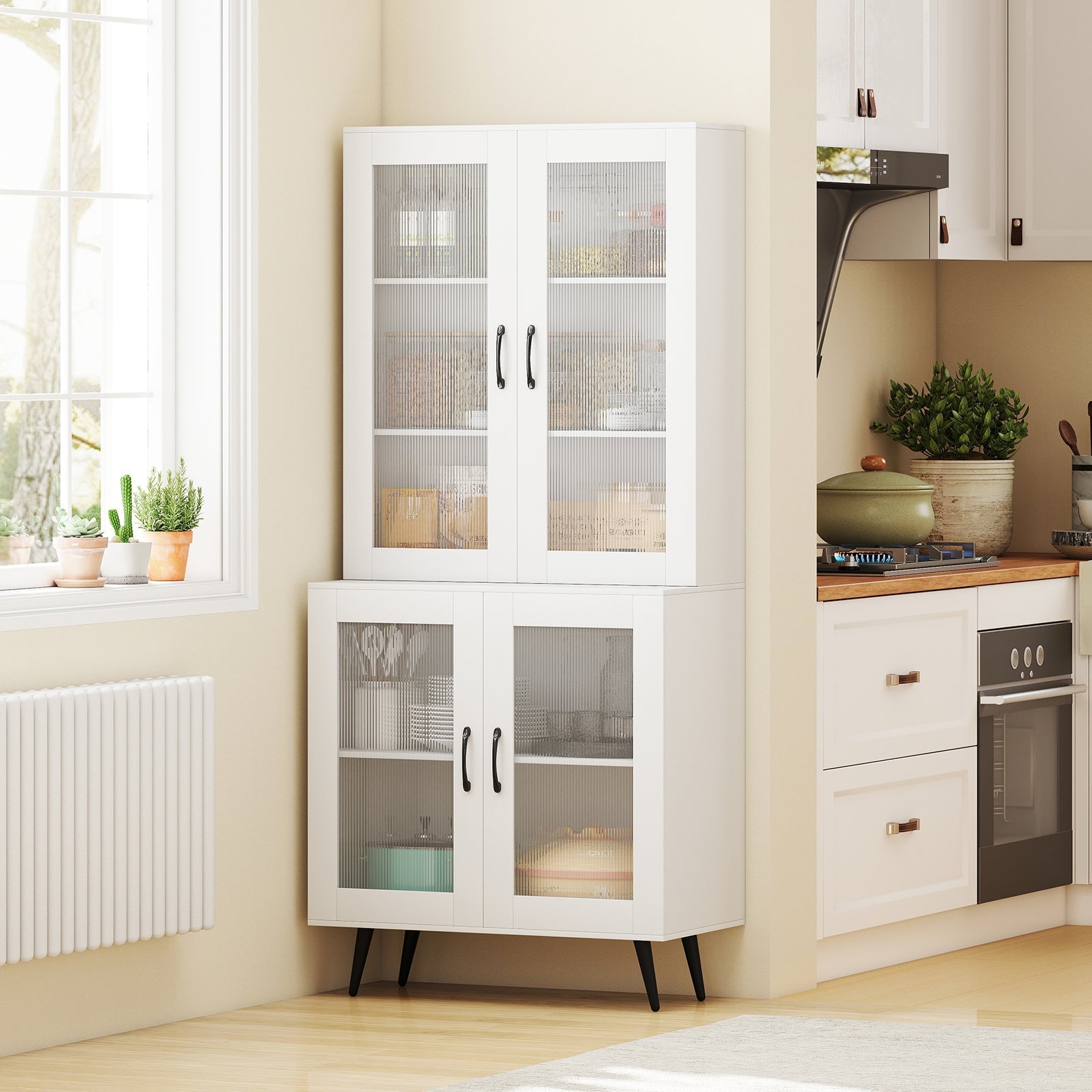 70.5 inch Tall Kitchen Pantry Cabinet Cupboard with 4 Transparent Doors