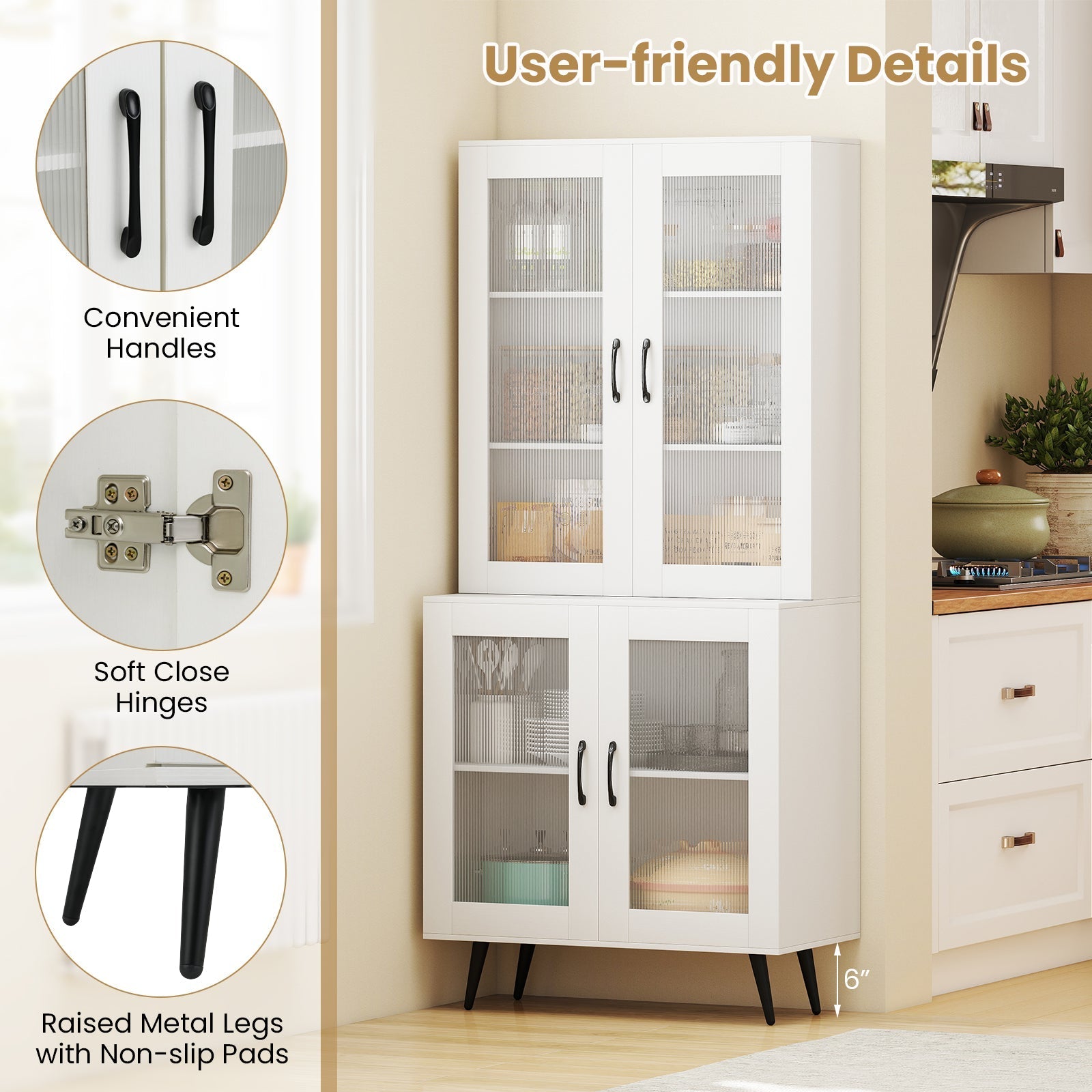 70.5 inch Tall Kitchen Pantry Cabinet Cupboard with 4 Transparent Doors