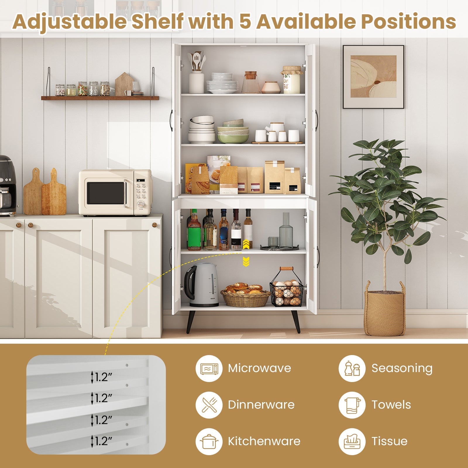 70.5 inch Tall Kitchen Pantry Cabinet Cupboard with 4 Transparent Doors