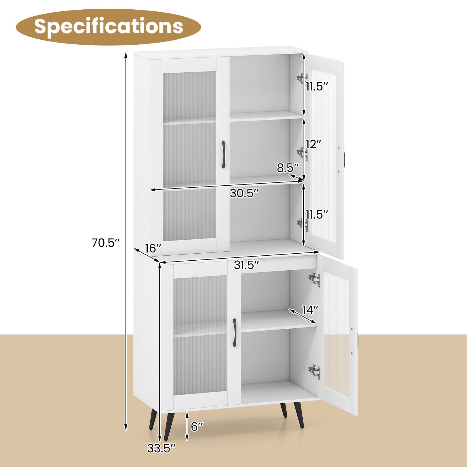 70.5 inch Tall Kitchen Pantry Cabinet Cupboard with 4 Transparent Doors