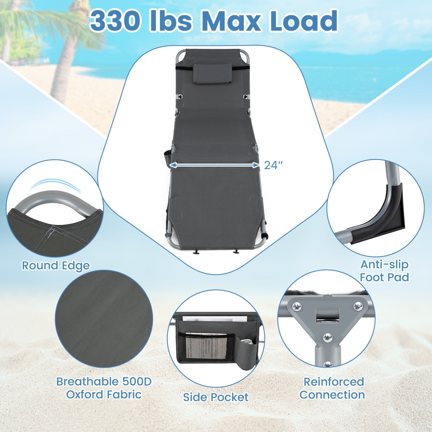 Tanning Chair with Face Arm Holes Portable Sunbathing Chair
