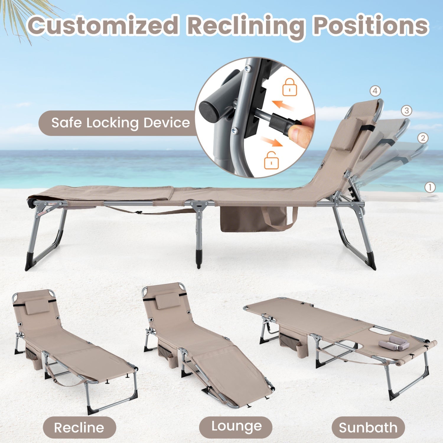 Tanning Chair with Face Arm Holes Portable Sunbathing Chair