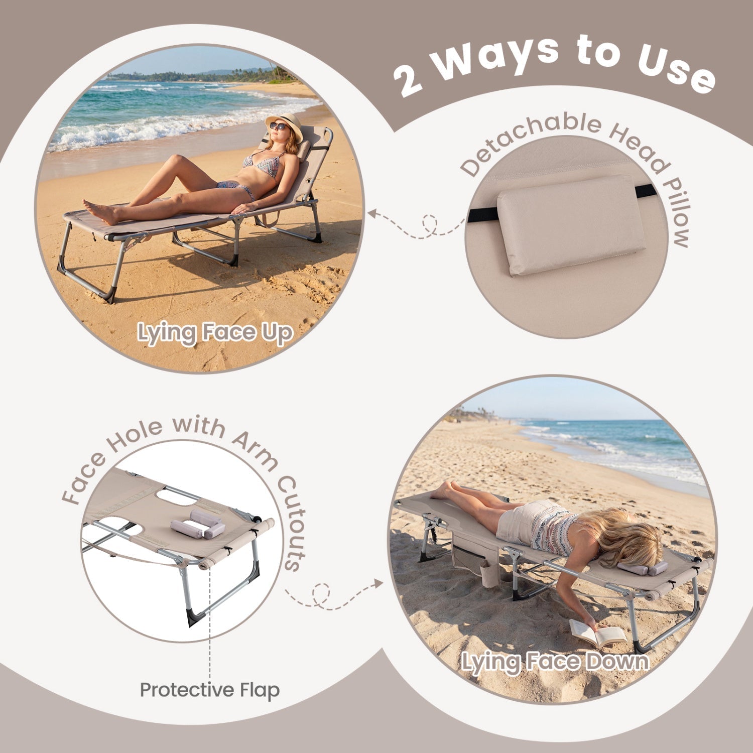 Tanning Chair with Face Arm Holes Portable Sunbathing Chair