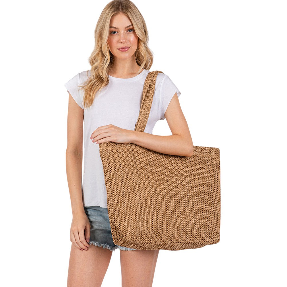 Solid Crochet Straw Tote Bag / Beach Bag
