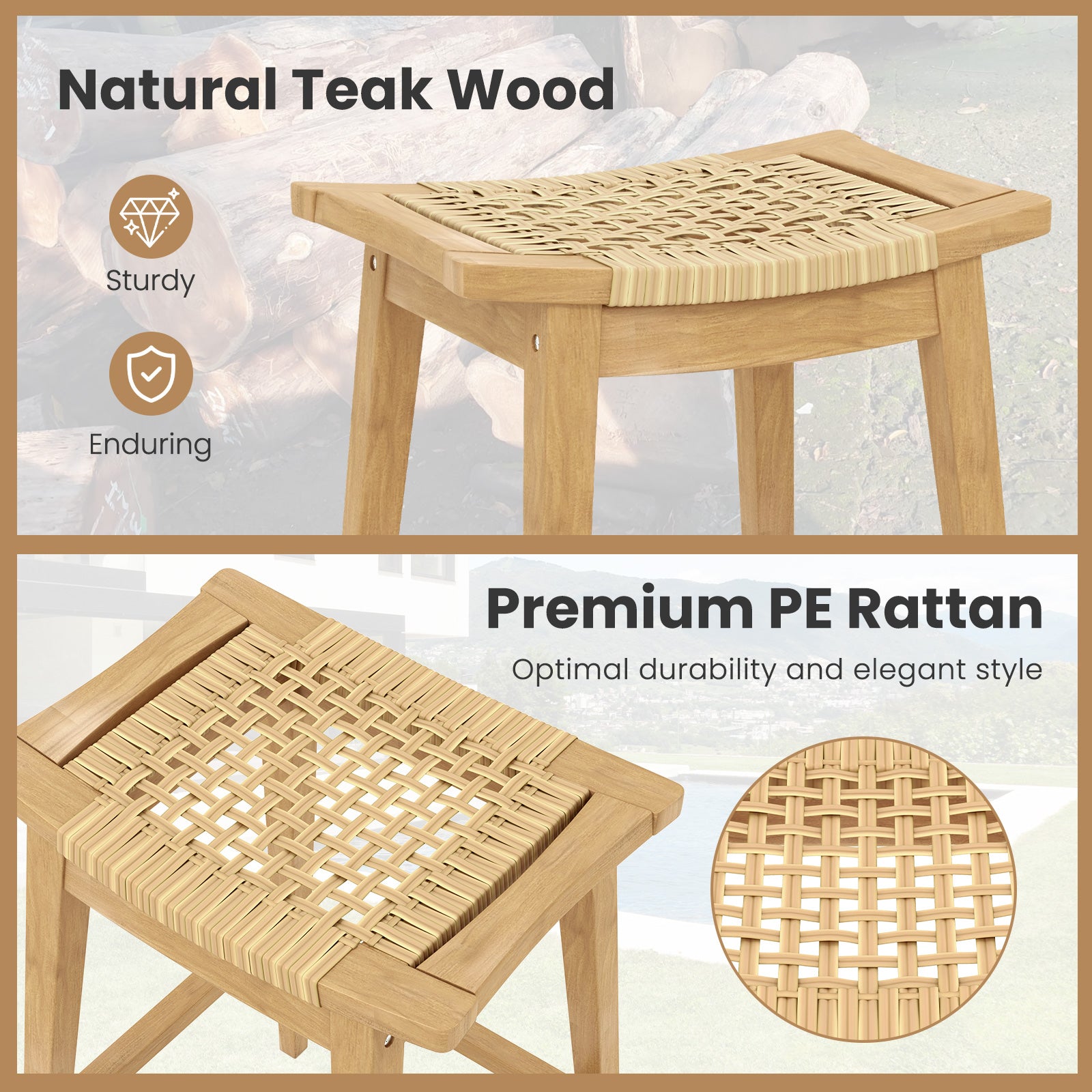 29 Inch Patio Rattan Barstool with Footrest and Saddle Seat