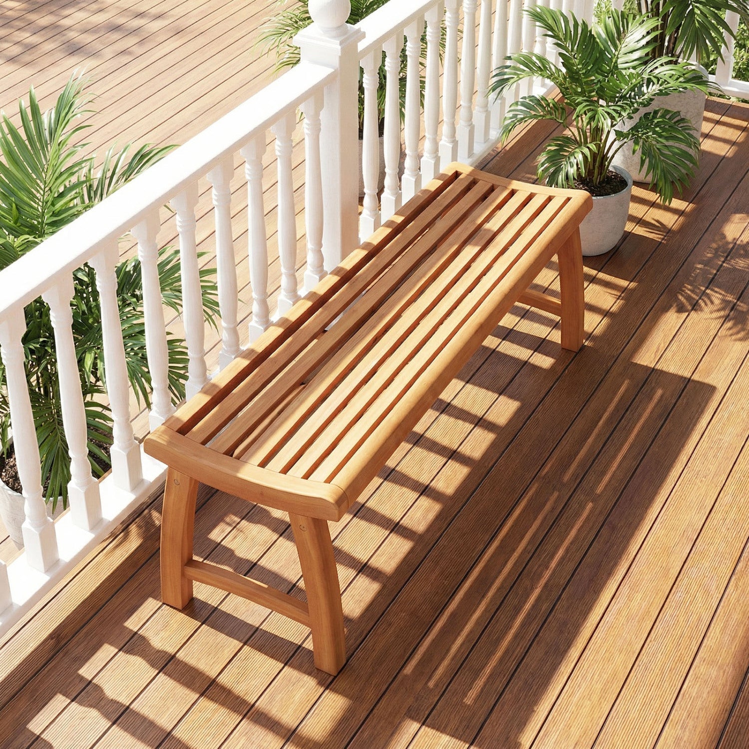 Teak Wood Outdoor Backless Bench with Contoured Slatted Seat