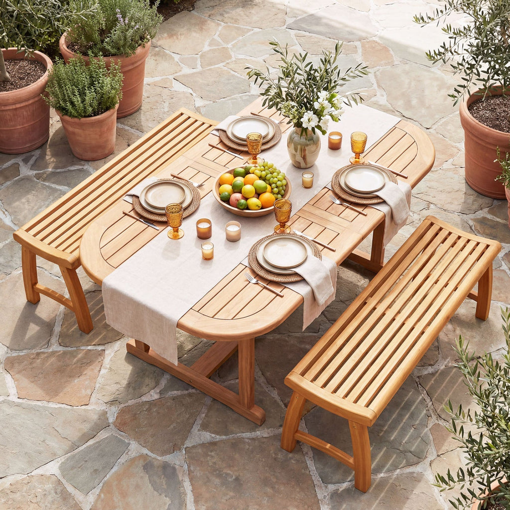 Teak Wood Outdoor Backless Bench with Contoured Slatted Seat