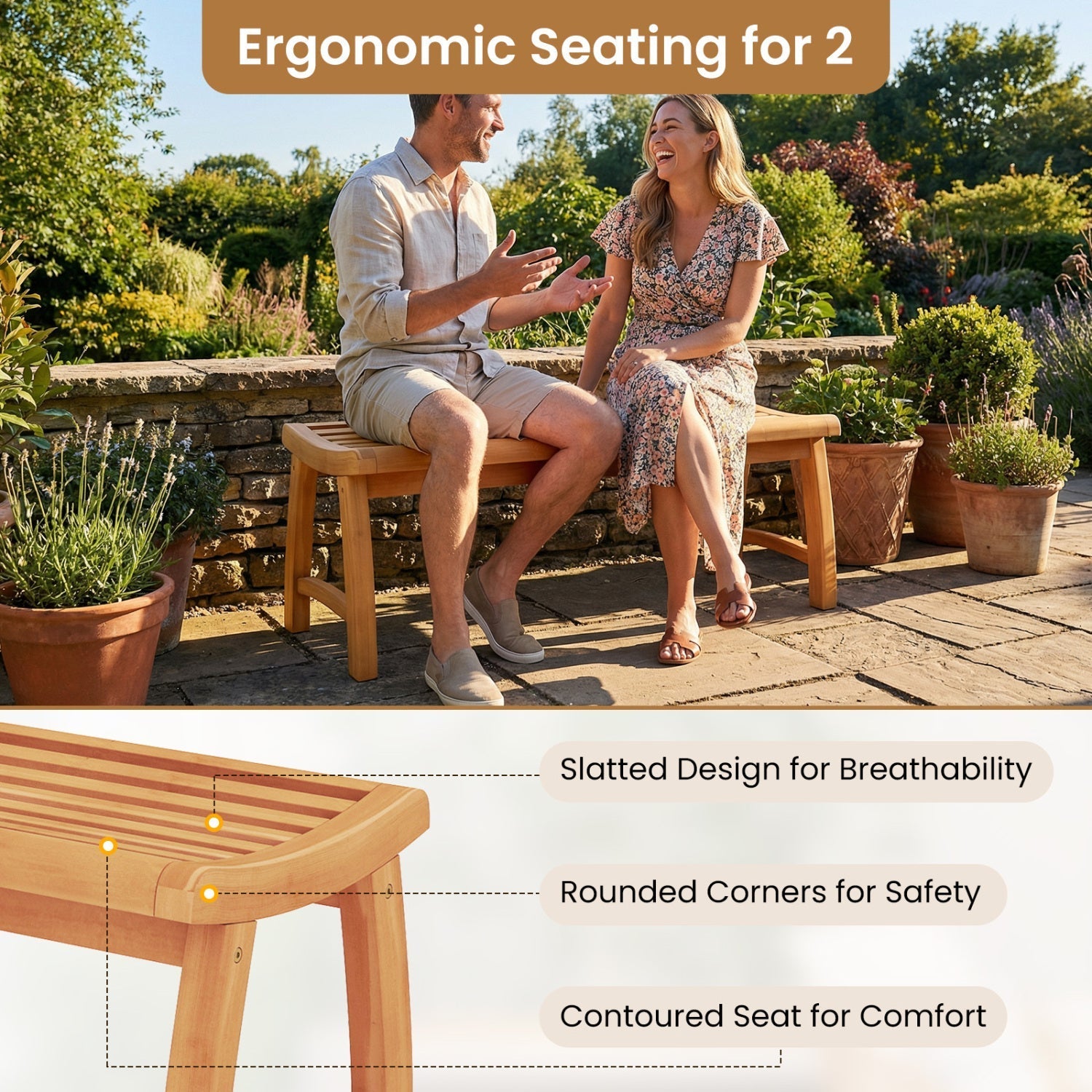Teak Wood Outdoor Backless Bench with Contoured Slatted Seat