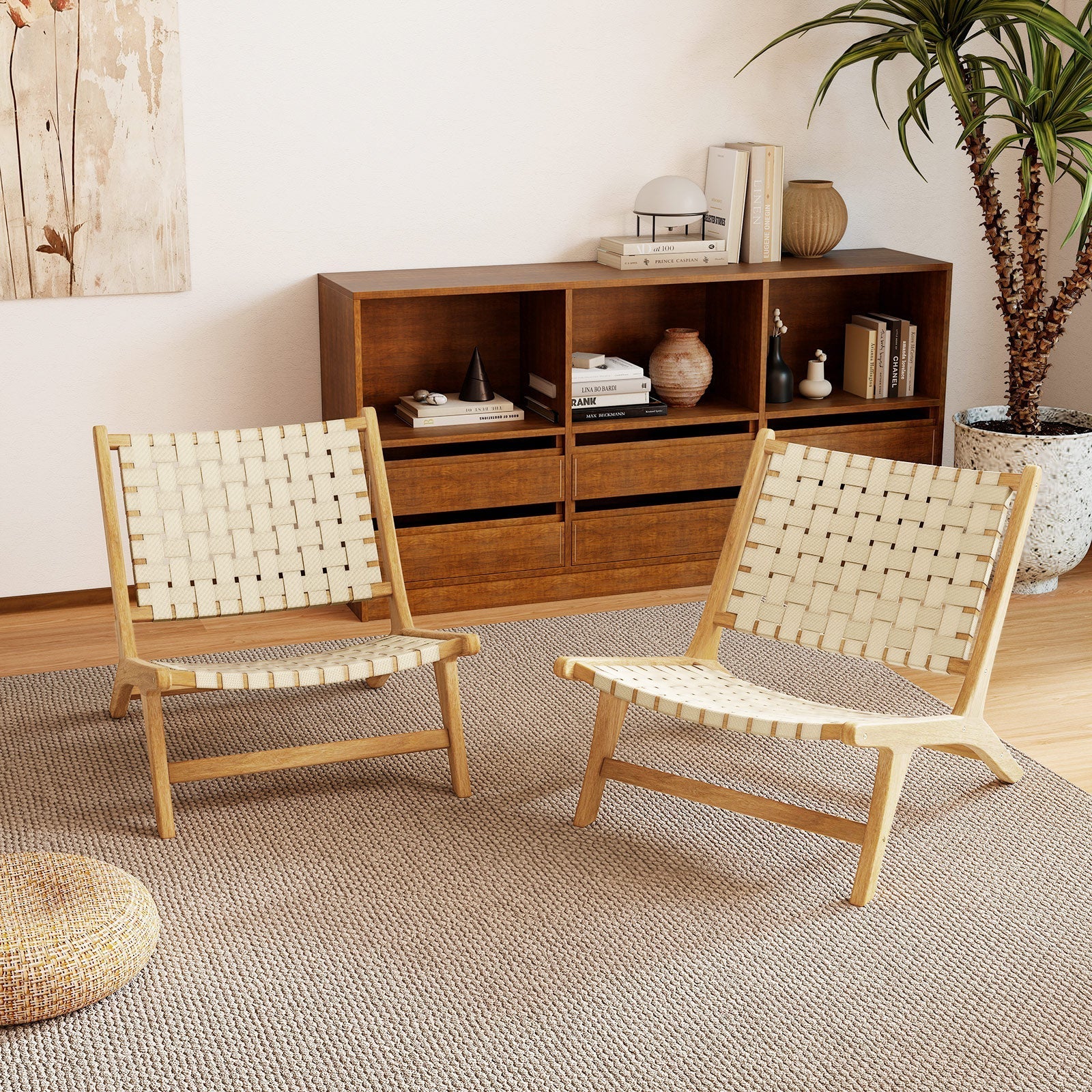 Teak Wood Patio Chair Armless with Webbing Seat and Backrest-Natural
