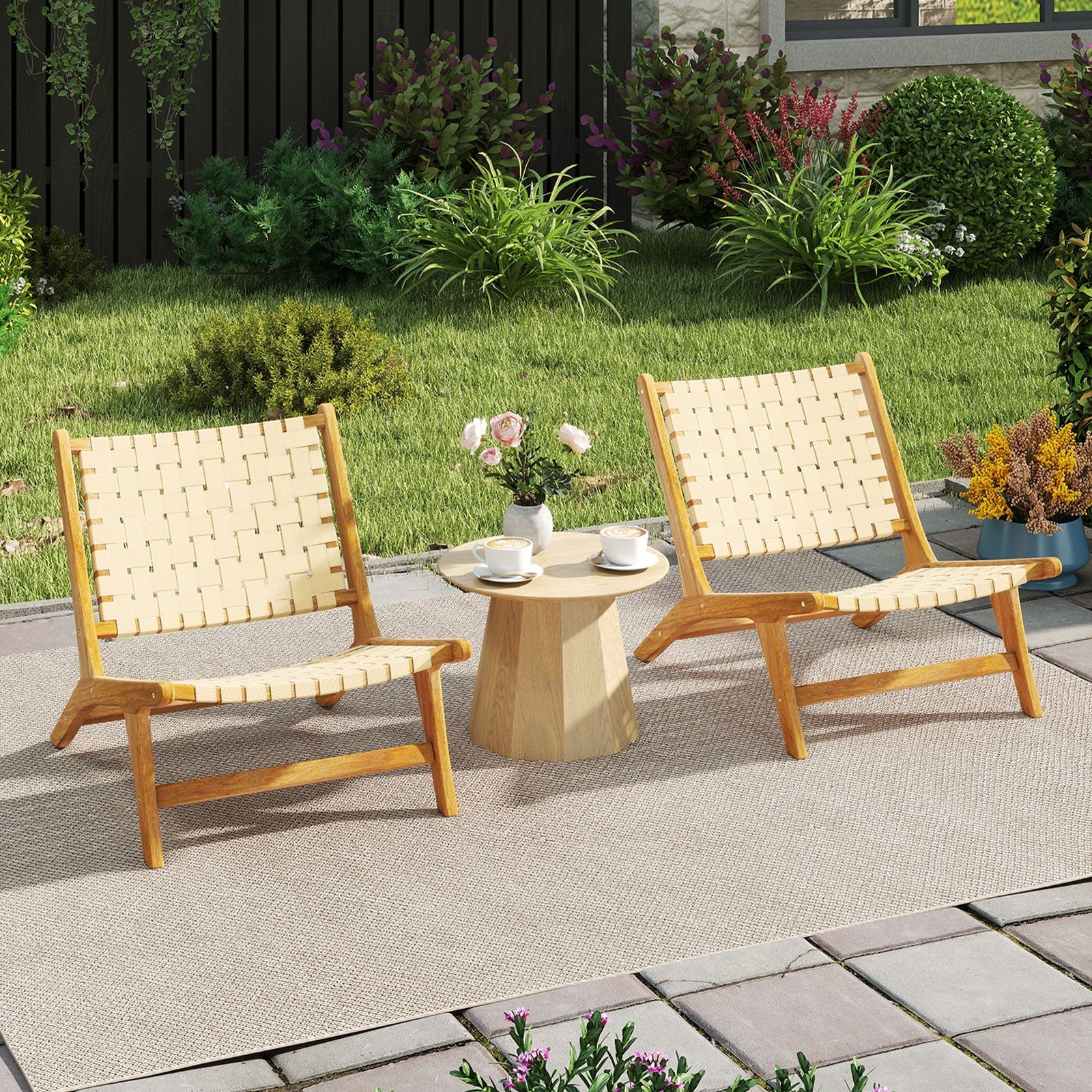 Teak Wood Patio Chair Armless with Webbing Seat and Backrest-Natural
