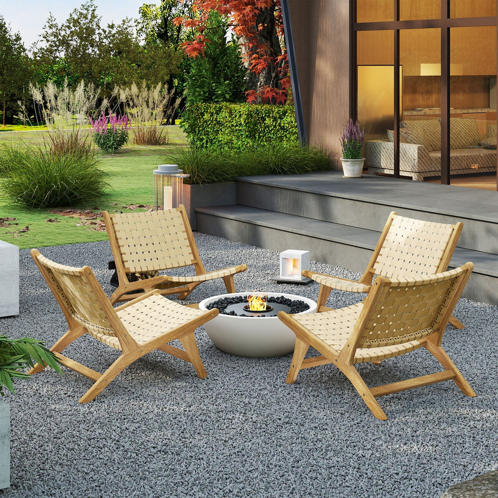 Teak Wood Patio Chair Armless with Webbing Seat and Backrest-Natural