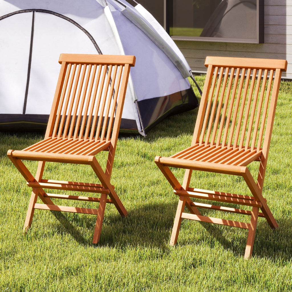Teak Wood Patio Chairs Set of 2 with High Back and Slatted Seat