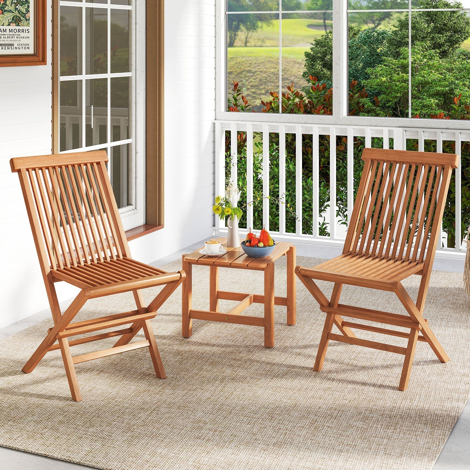 Teak Wood Patio Chairs Set of 2 with High Back and Slatted Seat