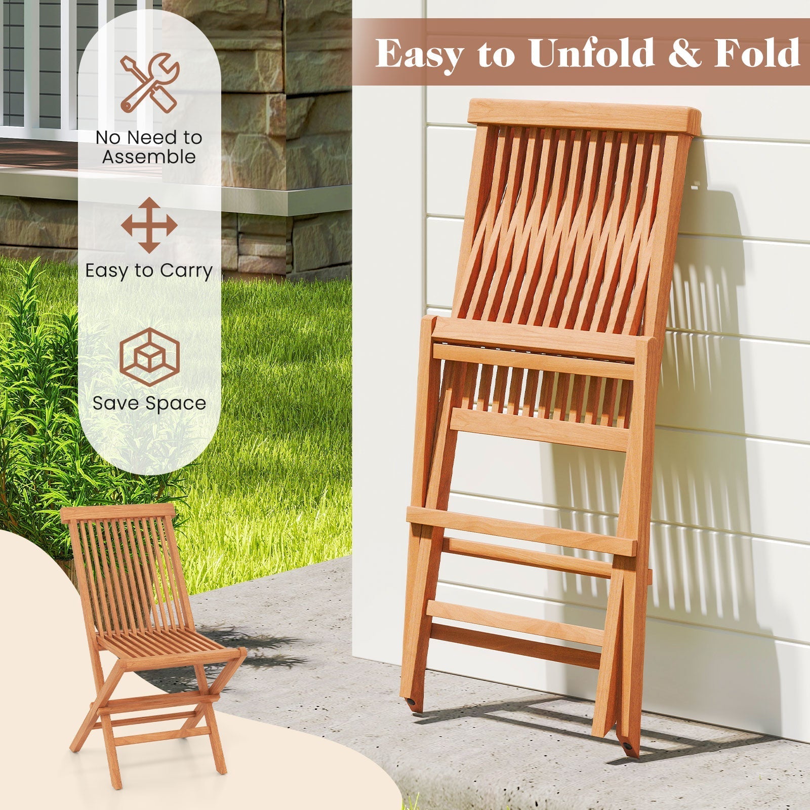 Teak Wood Patio Chairs Set of 2 with High Back and Slatted Seat
