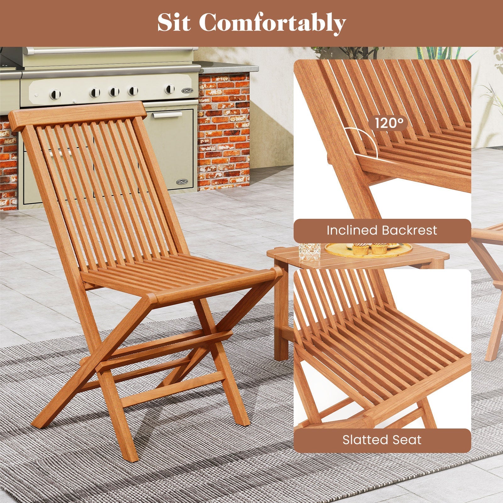 Teak Wood Patio Chairs Set of 2 with High Back and Slatted Seat