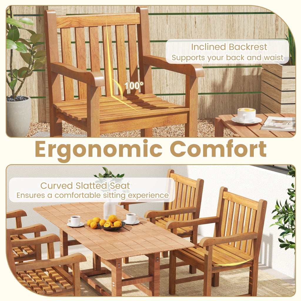 Teak Wood Patio Dining Chair with Slatted Seat Backrest and Solid Legs