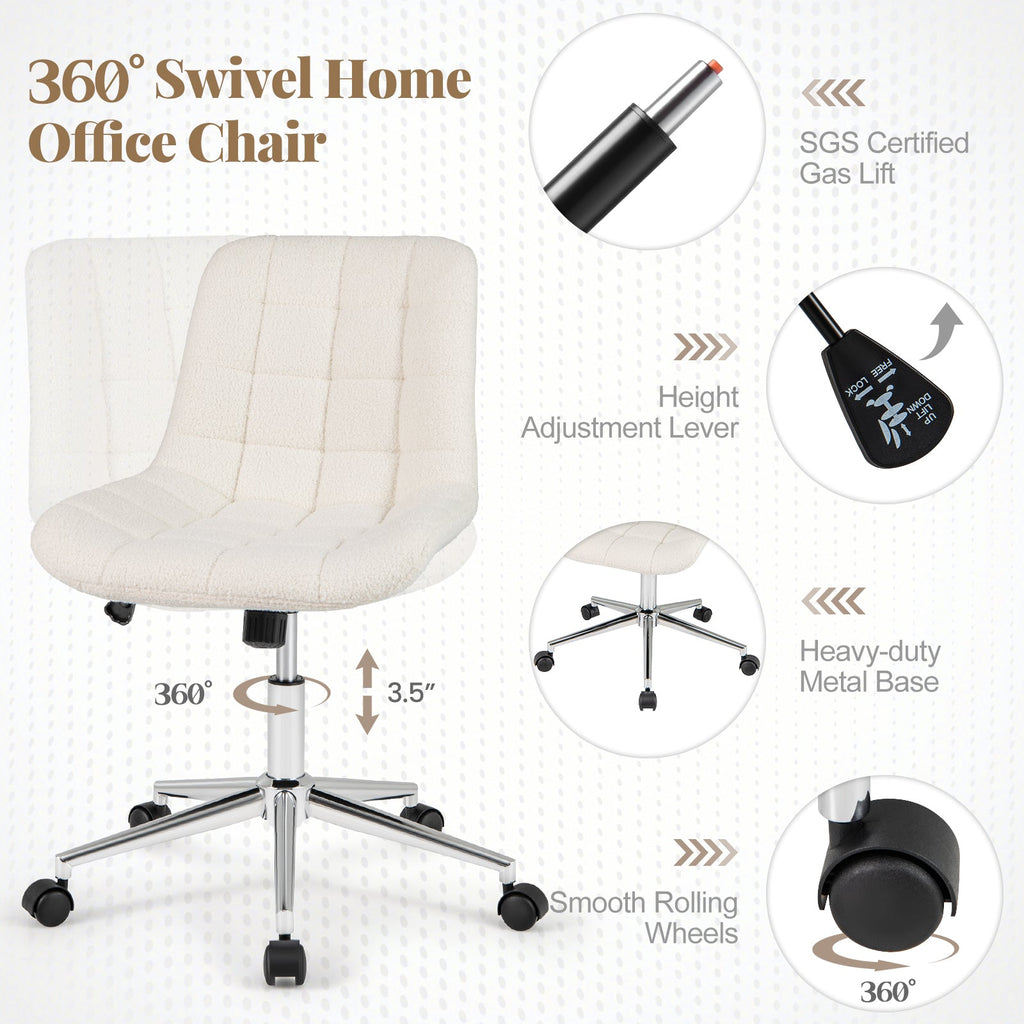 Teddy Fleece Armless Office Chair Makeup Vanity Chair-White