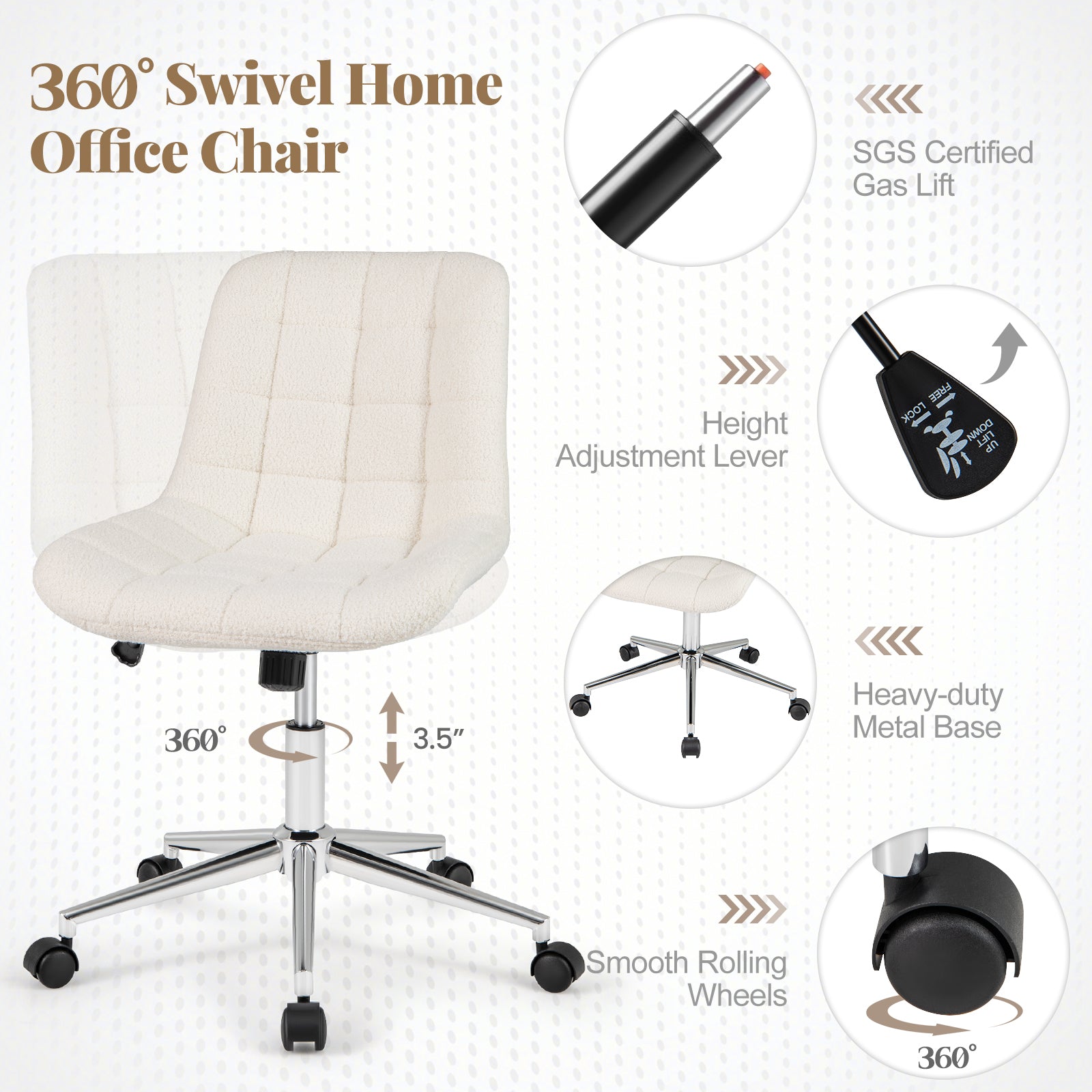 Teddy Fleece Armless Office Chair Makeup Vanity Chair-White