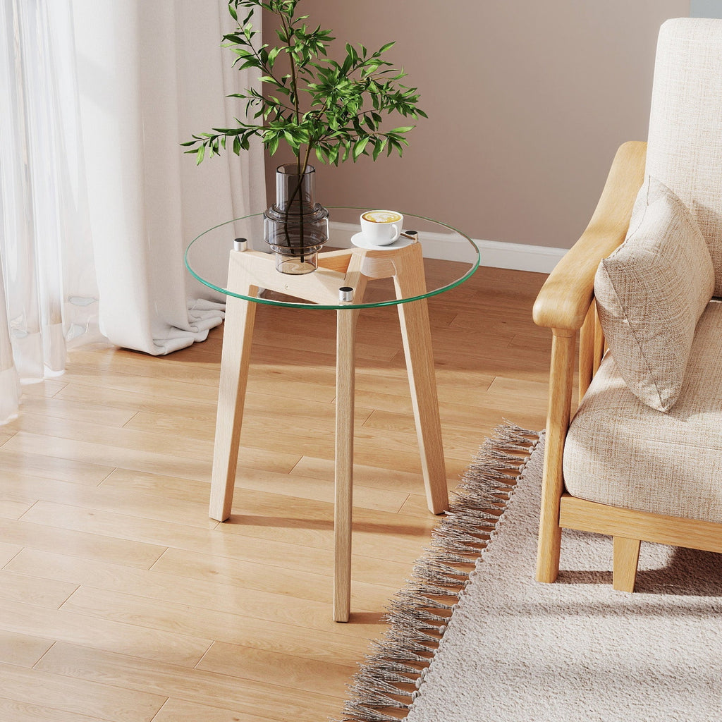 Tempered Glass End Table Round with Solid Rubber Wood Structure