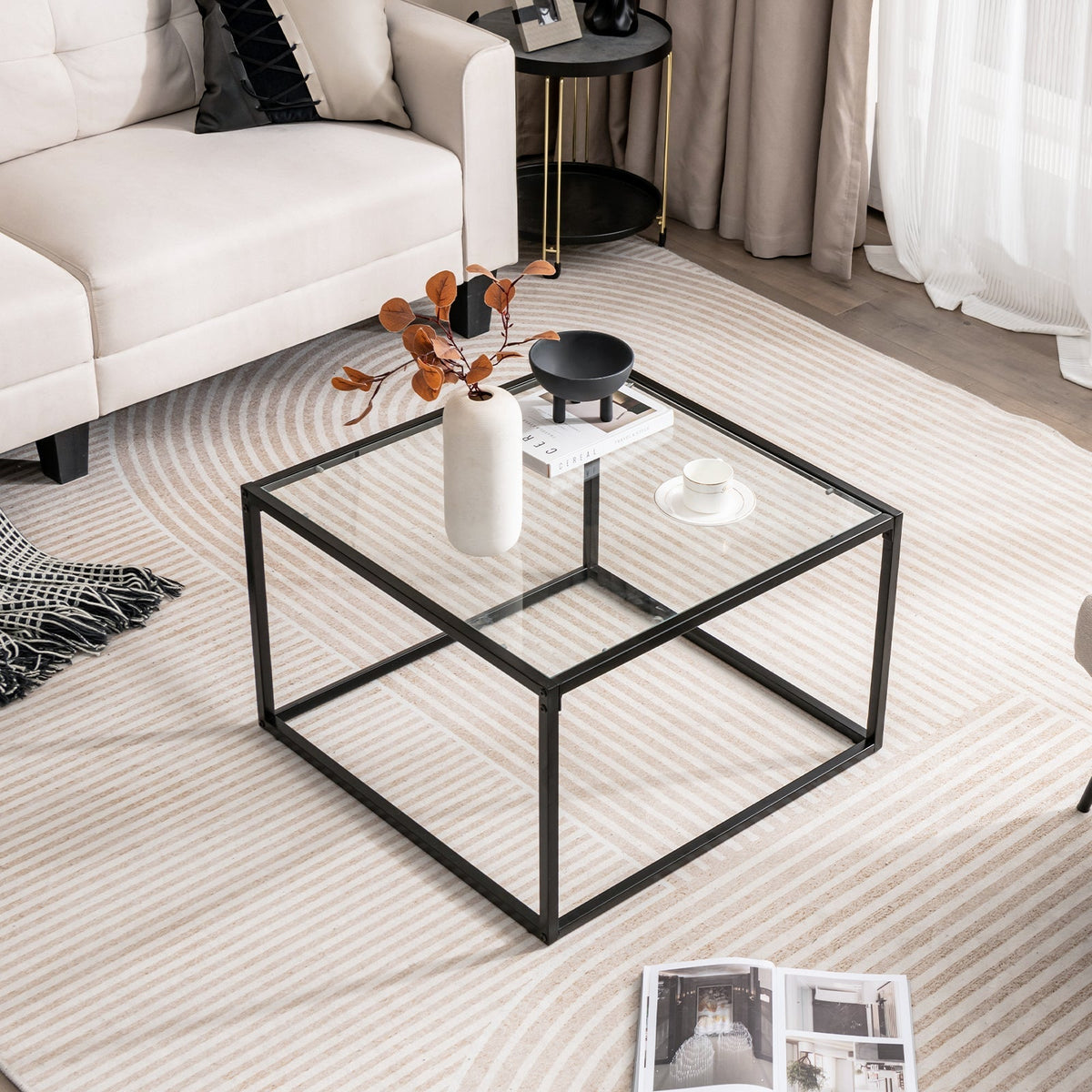27.5 Inch Home Square Tea Table with Heavy-duty Metal Frame