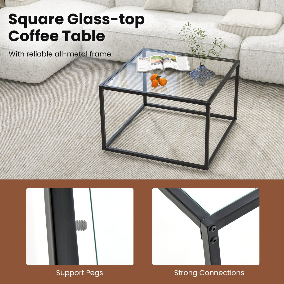 27.5 Inch Home Square Tea Table with Heavy-duty Metal Frame