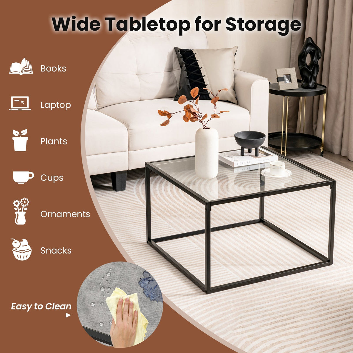 27.5 Inch Home Square Tea Table with Heavy-duty Metal Frame