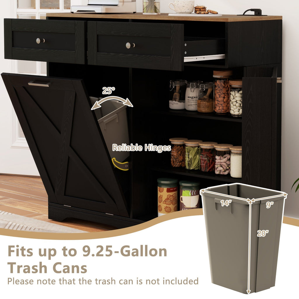 Tilt Out Trash Can Cabinet with Outlets and Adjustable Shelf