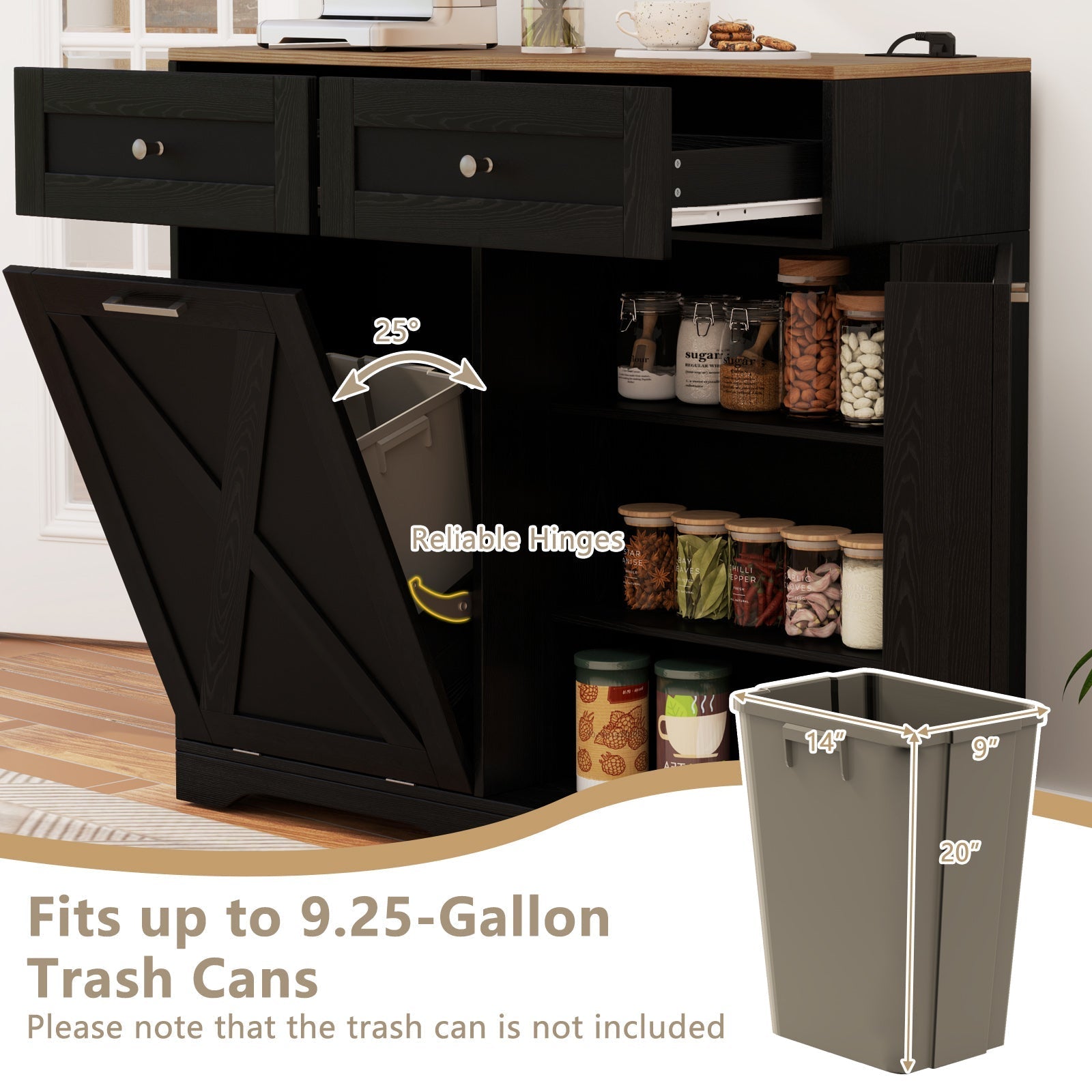 Tilt Out Trash Can Cabinet with Outlets and Adjustable Shelf