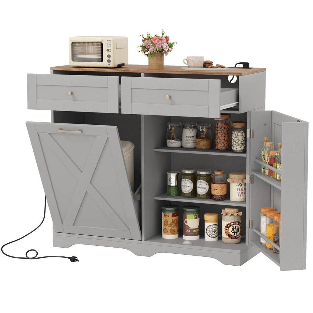 Tilt Out Trash Can Cabinet with Outlets and Adjustable Shelf